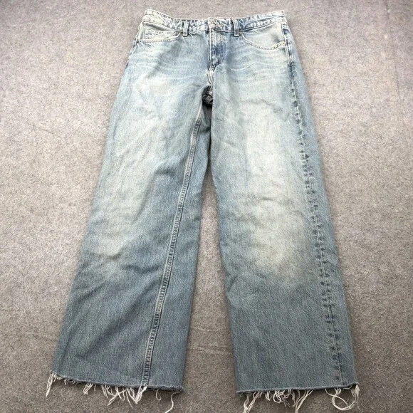 Zara Jeans Womens 8 Blue High Rise Wide Leg Distressed Frayed Hem Denim Pants - Picture 1 of 10